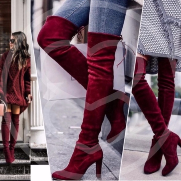 Burgundy Red Suede Over the Knee Boots - Picture 1 of 5